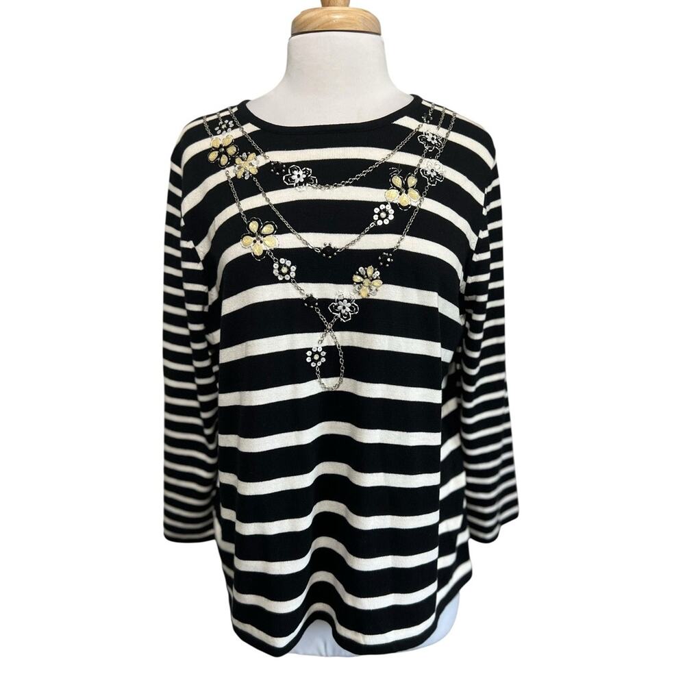 Alfred Dunner Sweater Top Black White Jeweled Floral Chain Whimsigoth size Large